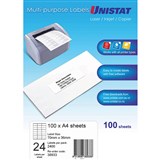 UNISTAT 38933 MULTIPURPOSE LABELS 24UP 70 X 36MM WHITE PACK 100